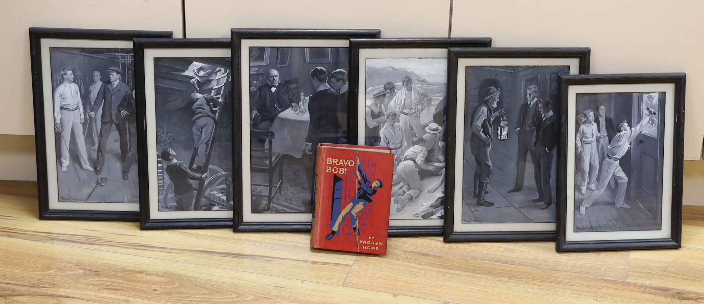 Original Artwork - Harold Copping (1863-1932) - A full set of six en grisaille illustrations for Bravo Bob, by Andrew Hone, signed, 30 x 19cms., framed, together with a copy the book, 1909